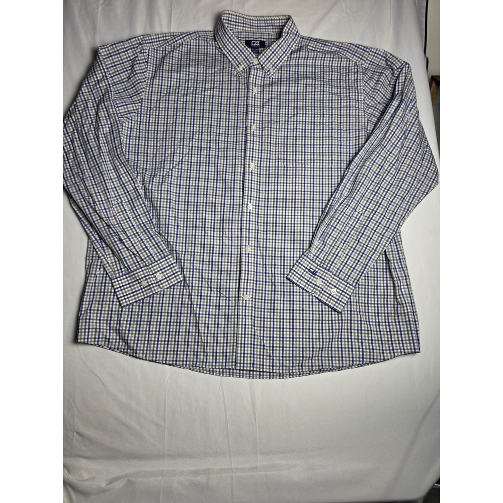 Cutter & Buck Mens XXL Blue Grey Plaid Check Long Sleeve Button Down Shirt